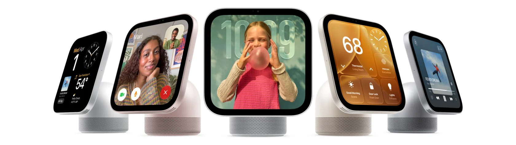 Apple HomeView displays in several colours, showing photos, the time and Home controls