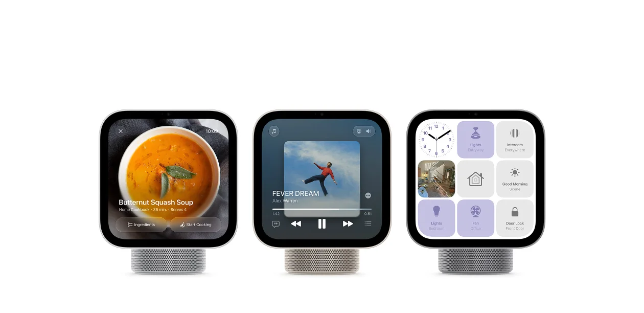 Apple HomeView smart home displays showing a photo, the time and Home controls