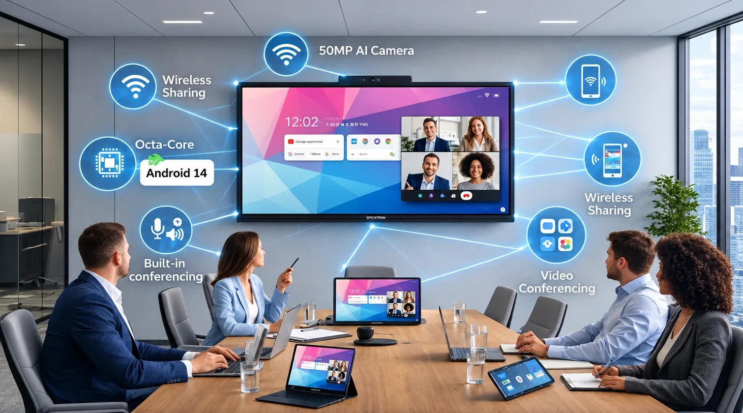 A meeting round a Specktron board: four people at the table with laptops and tablets, four more joining on the screen, and the wireless sharing, built-in conferencing and 50MP camera labelled around it.