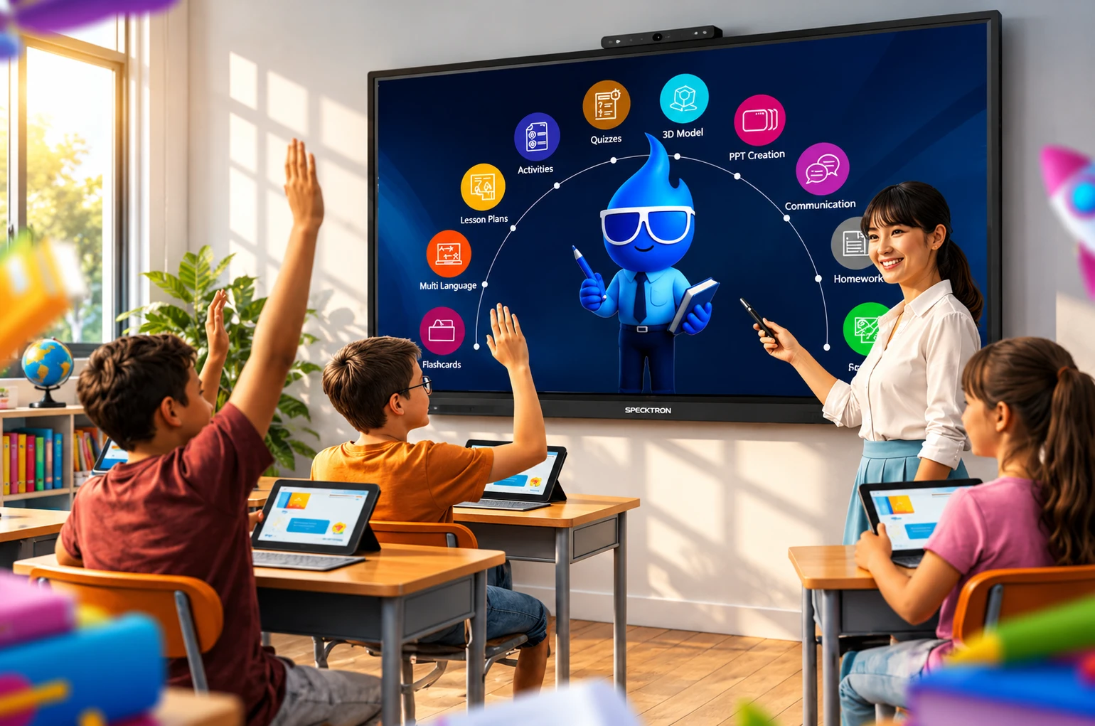A class at a Specktron board: learners at their desks with tablets and hands up, the teacher beside the screen, and SparkyAI on it ringed by lesson plans, quizzes, 3D models, flashcards and homework.
