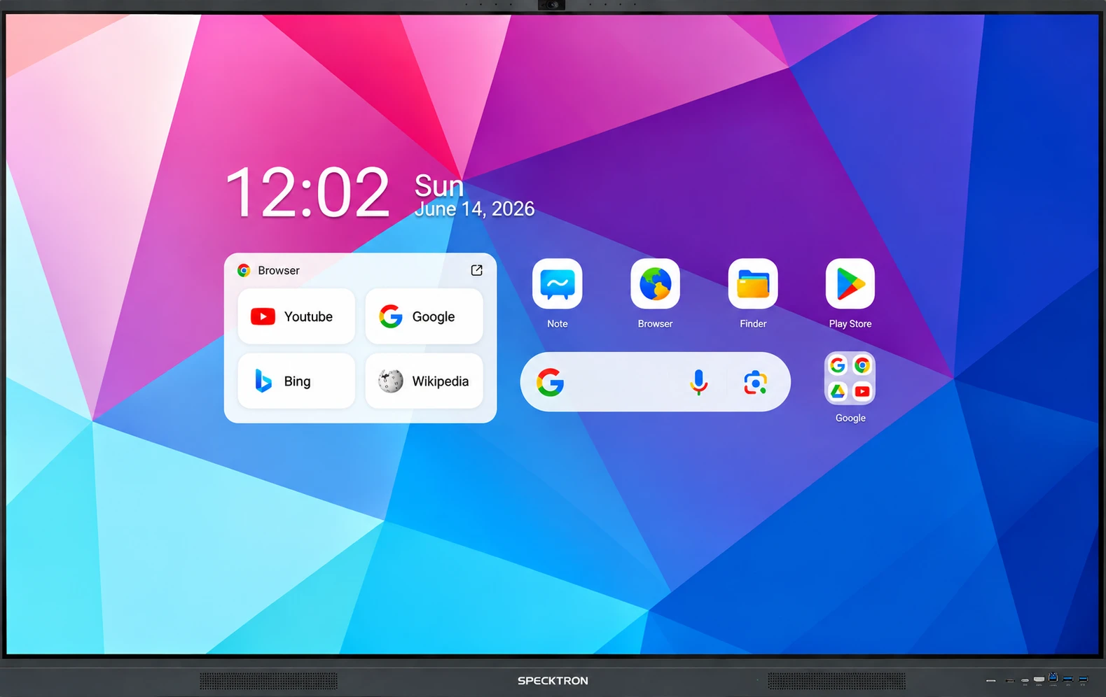 The Specktron UDX-S2 Pro interactive panel, showing its Android home screen with the clock, a browser widget and the Google apps.